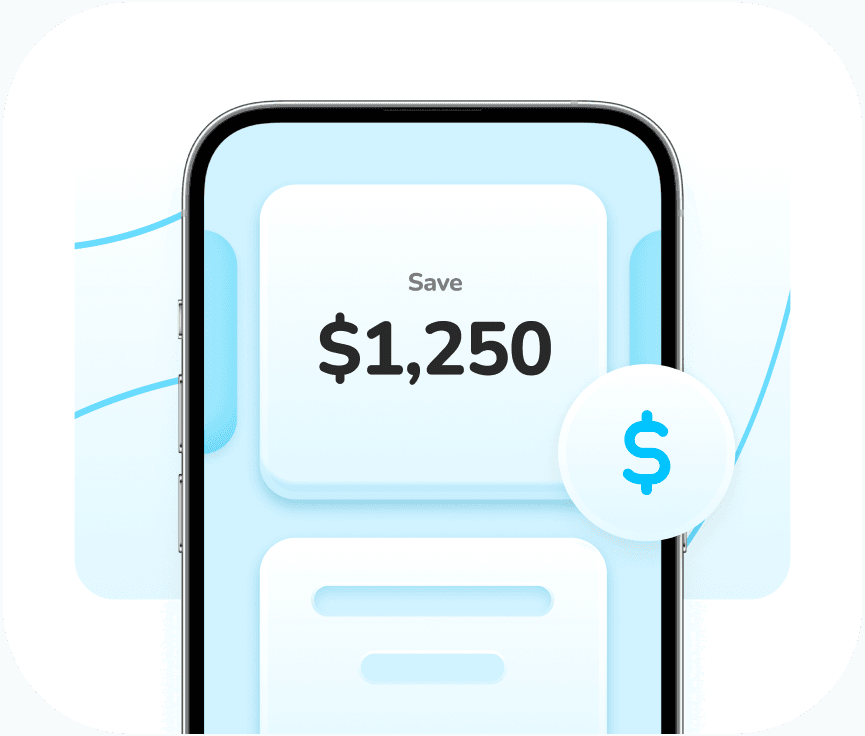 A rotating animation flips through GoodCharlie value propositions. An illustration of a phone showing amount of money saved.